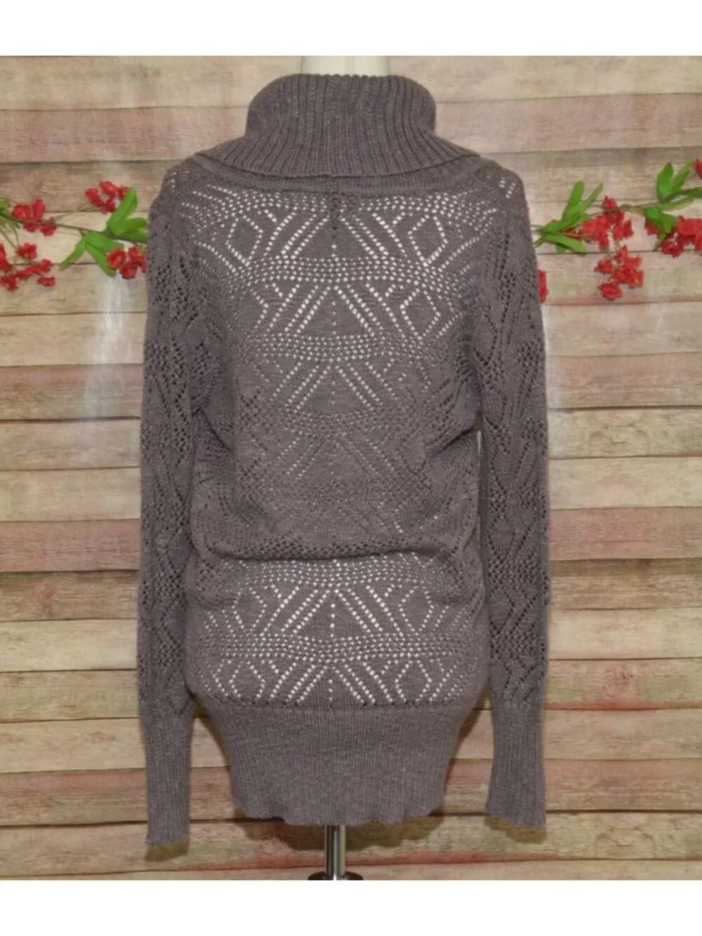 Maurices Sweater Womens L Taupe Brown Cowl Neck Pointelle Open Knit Boho